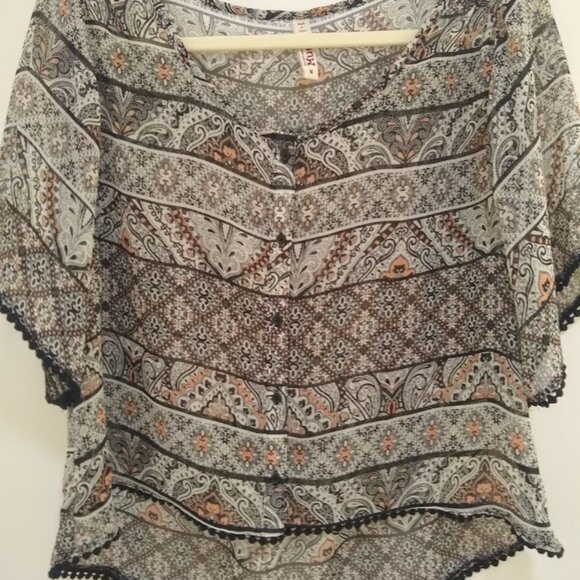 Mudd  M  button down polyester top   black/white/peach - Picture 1 of 12